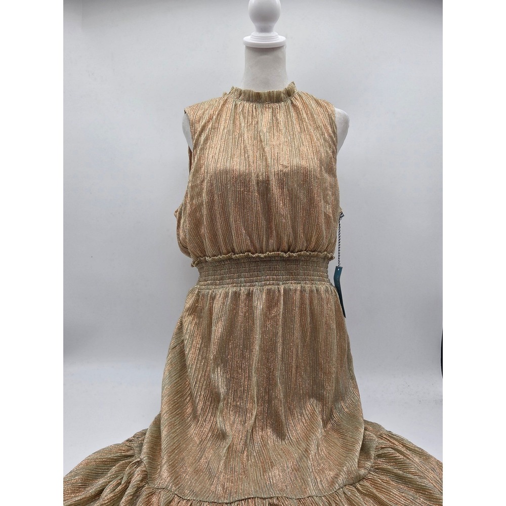 Draper James RSVP Gold Metallic Pleated Midi Dress Size L NWT 101-807